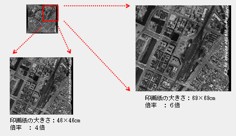 (左)印画紙の大きさ:46×46cm、倍率:4倍(右)印画紙の大きさ:69×69cm、倍率:6倍